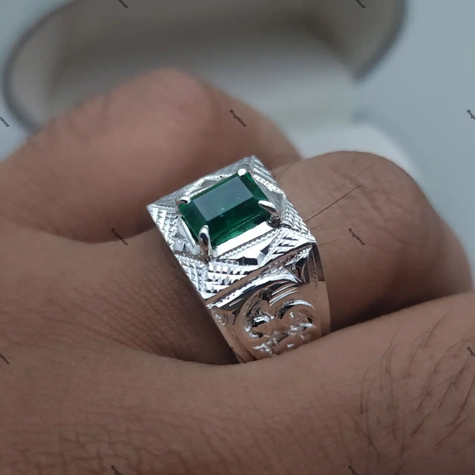 Emerald Signet Ring Mens Natural Green Stone In 925 Silver 11 Emerald Signet Ring Mens