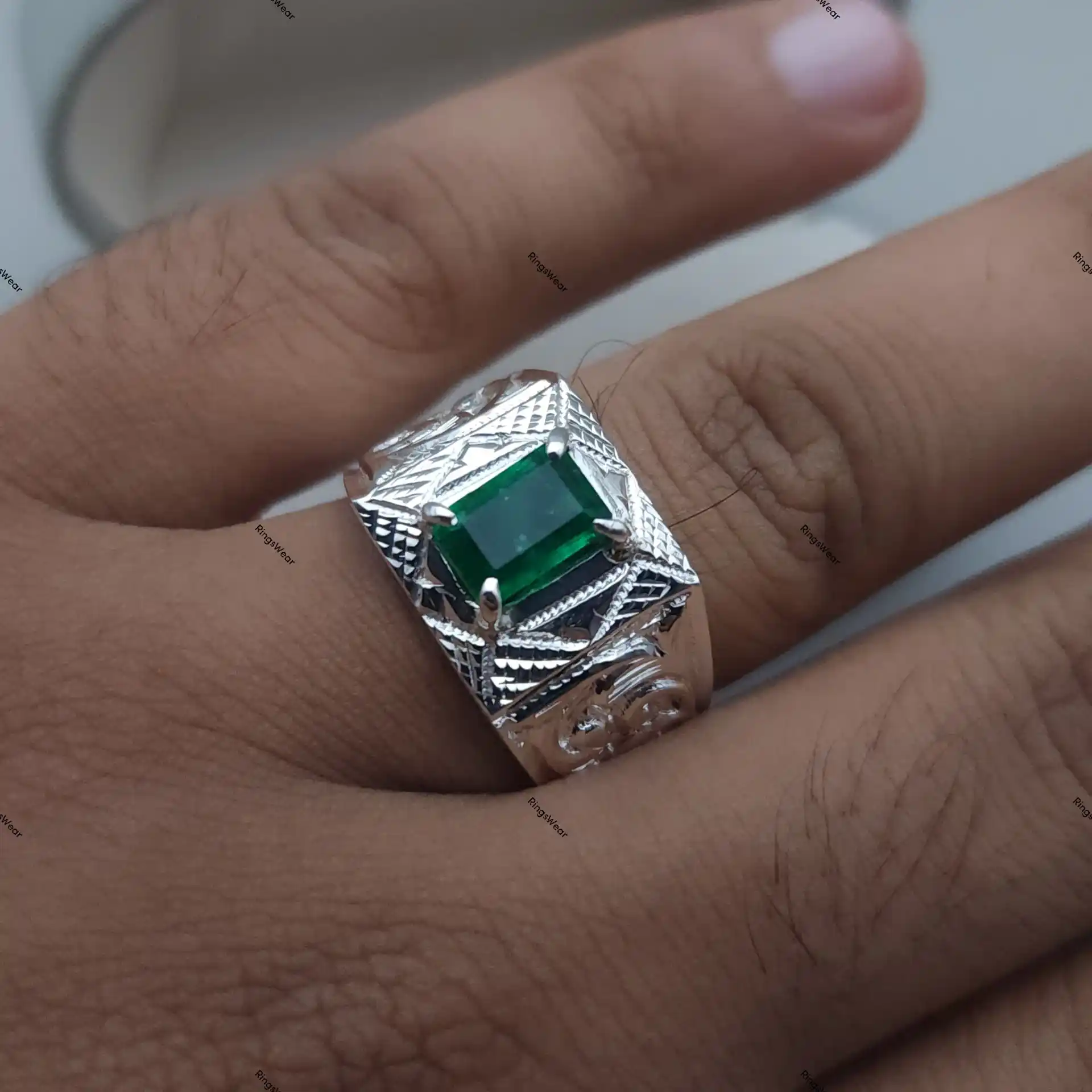 Emerald Signet Ring Mens Natural Green Stone In 925 Silver 10 Emerald Signet Ring Mens Natural Green Stone In 925 Silver - Image 10