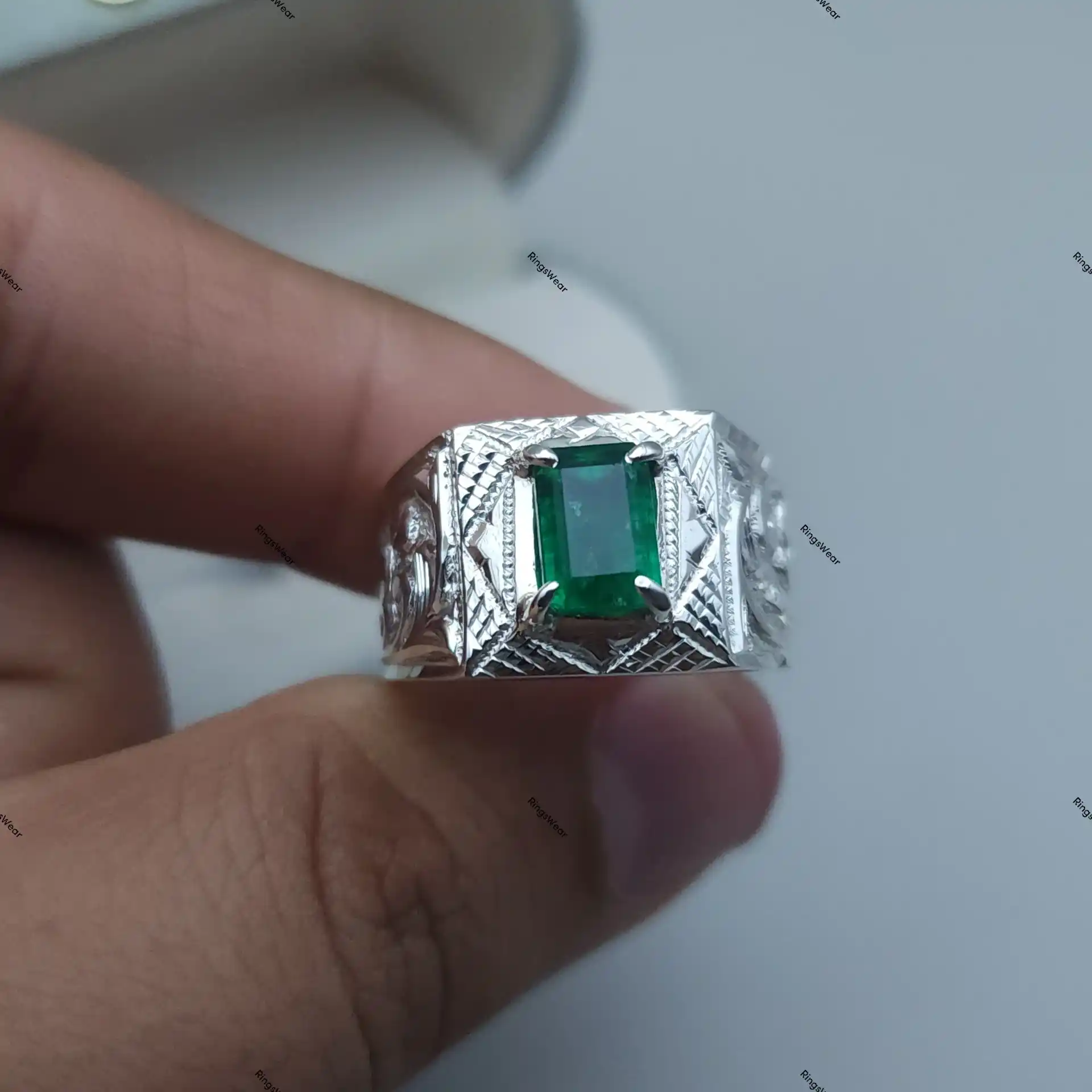 Emerald Signet Ring Mens Natural Green Stone In 925 Silver 2 Emerald Signet Ring Mens Natural Green Stone In 925 Silver - Image 2