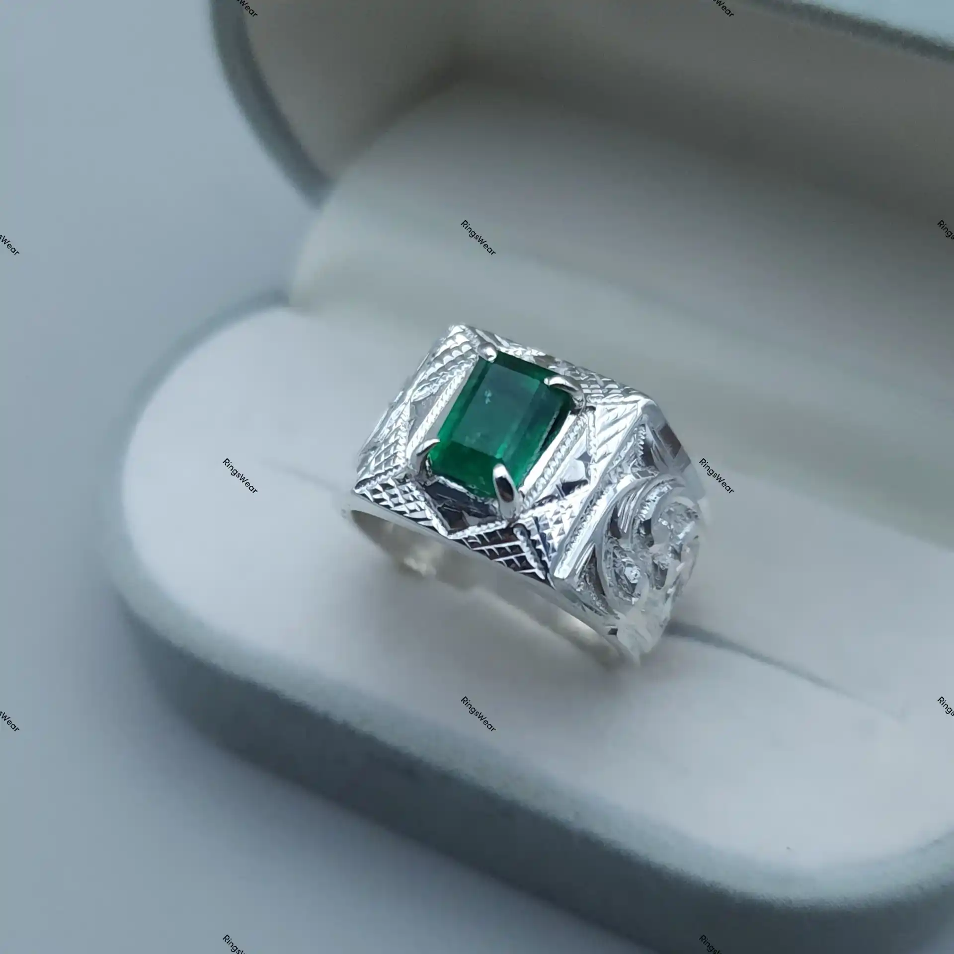 Emerald Signet Ring Mens Natural Green Stone In 925 Silver 1 Emerald Signet Ring Mens