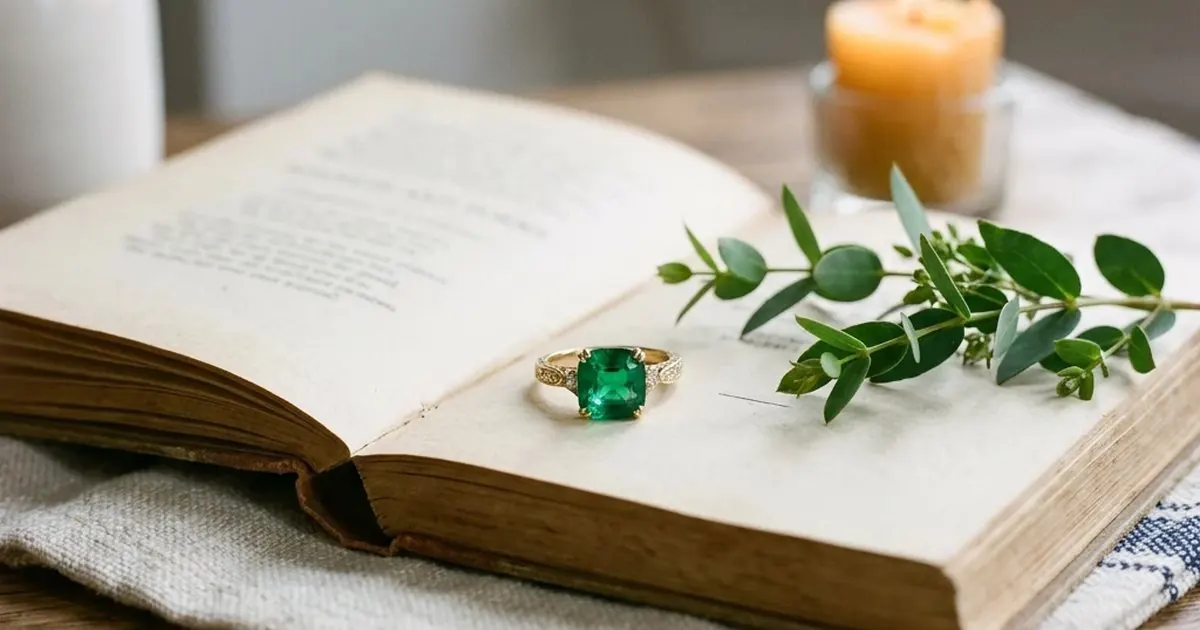 Emerald ring on an open book with eucalyptus and a candle showing what emeralds symbolize