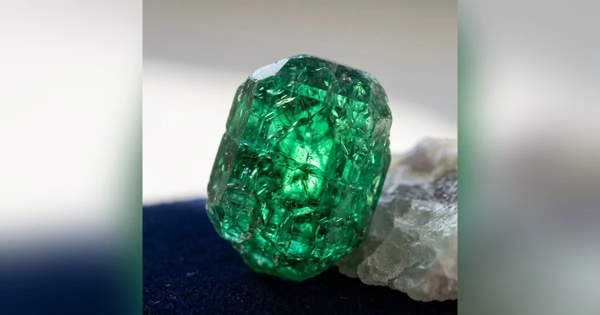 Glowing green emerald crystal on navy velvet explaining what makes emeralds green